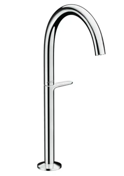 Waschtischmischer von AXOR in Chrom mit gebogenem Auslauf und waagerechtem Hebel. Geeignet für Aufsatzwaschtische, inklusive Push-Open Ablaufgarnitur.